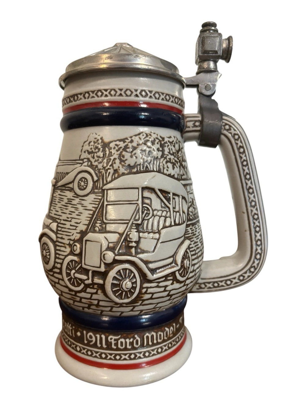 Vintage Avon White Ford Model T Ceramic Stein with Red & Blue Trim Collectible